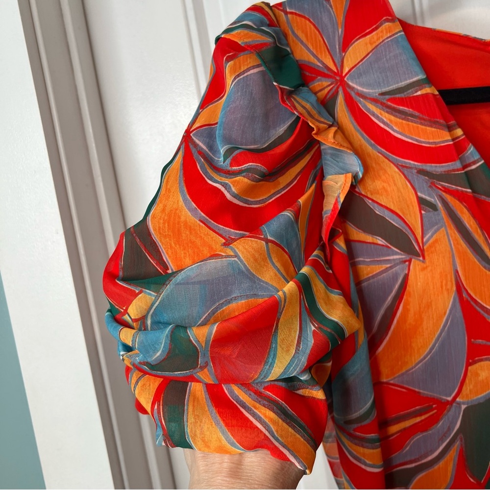 Adelyn Rae Pauline Puff Sleeve Blood Orange Multi Leaf Print Mini Dress. Size M. - Picture 11 of 16